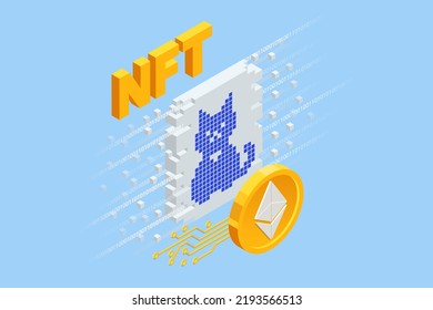 Isometric NFT Non-fungible Token Is A Unique And Non-interchangeable Unit Of Data Stored On A Digital Ledger Blockchain. Digital Art NFTs, Generative Art