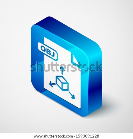 Isometric OBJ file document. Download obj button icon isolated on white background. OBJ file symbol. Blue square button. 