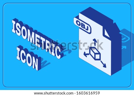 Isometric OBJ file document. Download obj button icon isolated on blue background. OBJ file symbol.  