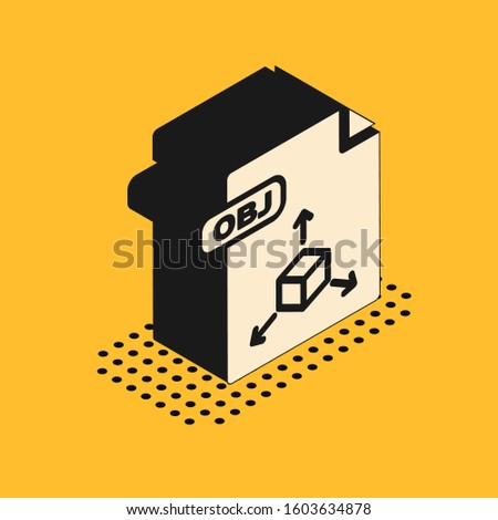 Isometric OBJ file document. Download obj button icon isolated on yellow background. OBJ file symbol.  