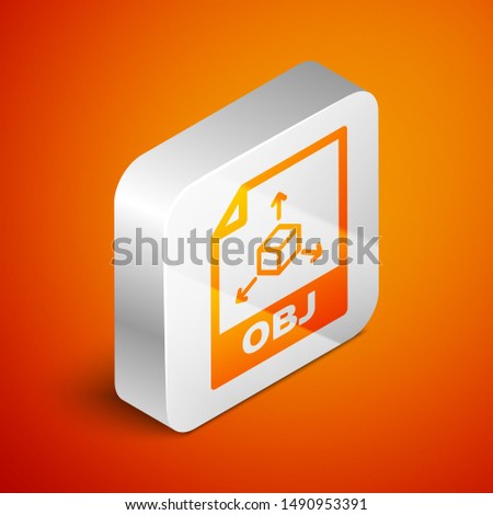 Isometric OBJ file document icon. Download obj button icon isolated on orange background. OBJ file symbol. Silver square button