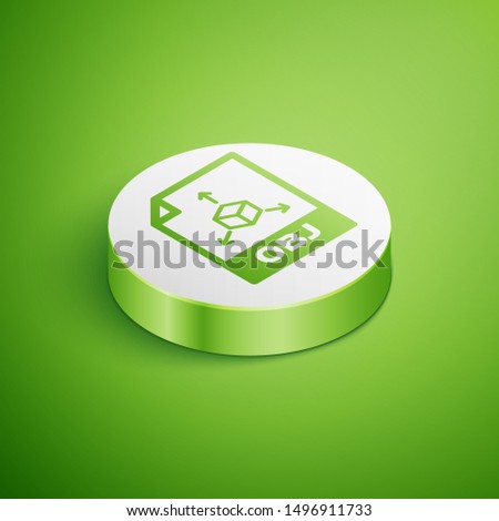 Isometric OBJ file document icon. Download obj button icon isolated on green background. OBJ file symbol. White circle button