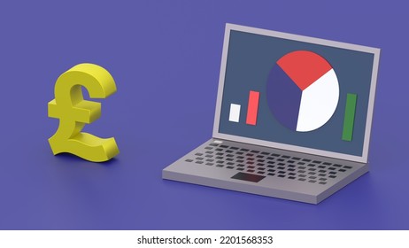 Isometric Opened Laptop With Chart And Diagram On A Blue Background And UK Pound Sign. Isometric Computer Business And Technology Background 3d Illustration