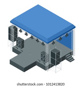 Isometric Outdoor Concert Stage, Truss System. Podium Concert Stage. Performance Show Entertainment, Scene And Event, Illustration.