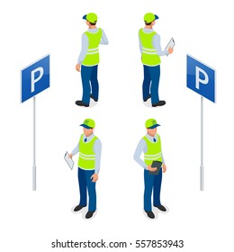 Isometric Parking Attendant. Traffic Warden, Getting Parking Ticket Or Parking Ticket Fine Mandate. Flat 3d Illustration