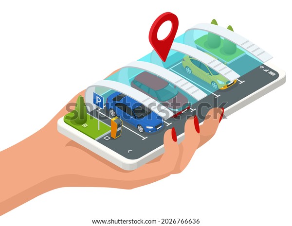 Isometric parking lot displayed\
on screen. Car park location on Smartphone. Smartphone application\
for online searching free parking place on the map. GPS\
Navigation.
