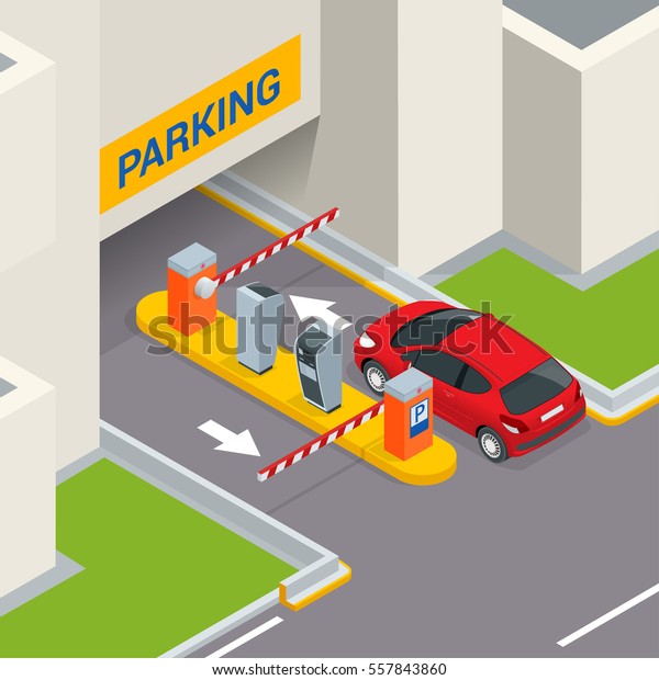 Isometric Parking payment station, access control\
concept. Parking ticket machines and barrier gate arm operators are\
installed at the entrance and exit of parking area as tools to\
charge parking\
fee.
