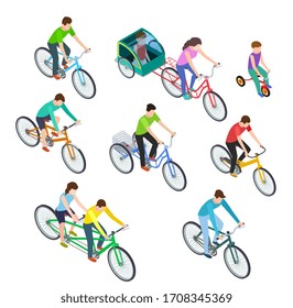 Isometric People Bike. Man Woman Riding Bikes Outdoor, Bicyclists. Active Family Biking. Cyclist Bicycle 3d Isolated Set