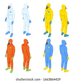 Isometric People In Medical Bio Suits. Biological Hazard. Epidemic Of The Chinese Coronavirus.