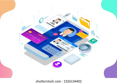 Isometric Personal Data Information App, Identity Private Concept. Digital data Secure Banner. Biometrics technology  illustration for personal identity recognition and access authentication