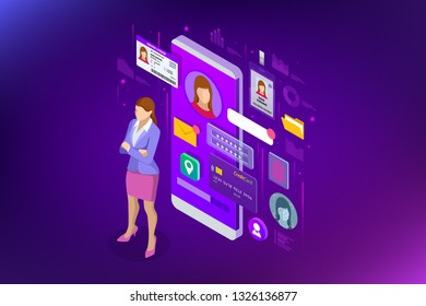 Isometric Personal Data Information App, Identity Private Concept. Digital data Secure Banner. Biometrics technology illustration for personal identity recognition and access authentication