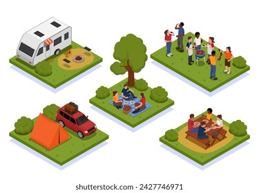 Isometric picnic mini composition set collection with families h