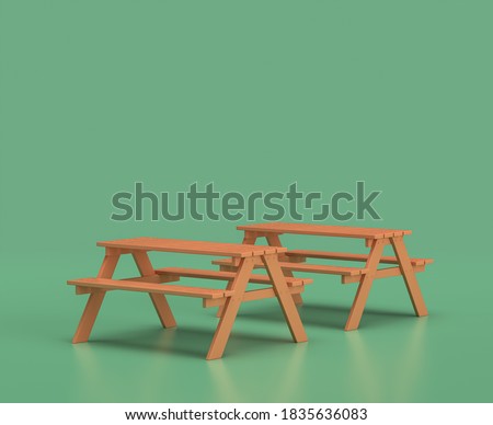 Isometric picnic table, camping objects and scenes, monochrome yellow camping equipment on green background, 3D Rendering, hunting and camping