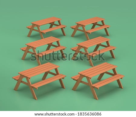 Isometric picnic table, camping objects and scenes, monochrome yellow camping equipment on green background, 3D Rendering, hunting and camping