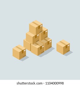 Isometric Pile Of Cardboard Boxes Illustration. Moving / Parcel Delivery Delay Flat Design Concept.