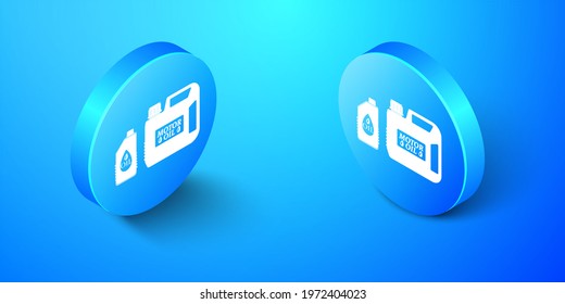 Isometric Plastic Canister For Motor Machine Oil Icon Isolated On Blue Background. Oil Gallon. Oil Change Service And Repair. Engine Oil Sign. Blue Circle Button.