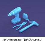 Isometric power drill with hammer, table measure and pliers on blue background, single color workshop and DIY tool, 3d rendering