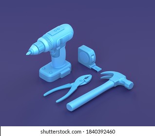 Isometric power drill with hammer, table measure and pliers on blue background, single color workshop and DIY tool, 3d rendering - Powered by Shutterstock