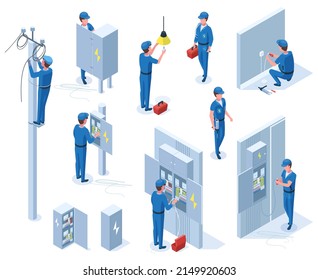 Isometric professional electricians, workers repair power line. Electrician occupation, characters with electrical equipment  illustration. Electrician profession repair, isometric professional - Powered by Shutterstock