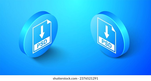 Isometric PSD file document icon. Download PSD button icon isolated on blue background. Blue circle button. .
