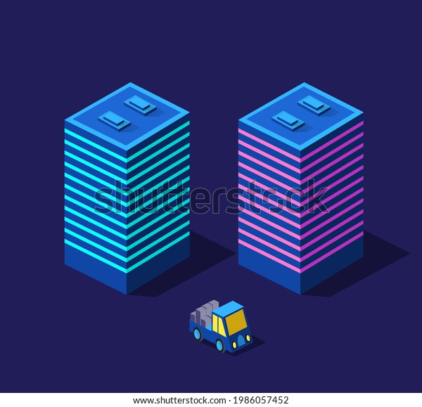 Isometric
purple ultra landscape future city car concept of violet neon
style, an ultraviolet 3d modern design of urban street of building.
illustration of modern business
background.