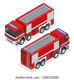 Isometric Red Fire Truck, Vehicle Of Emergency. Firefighters Design Element On A White Background