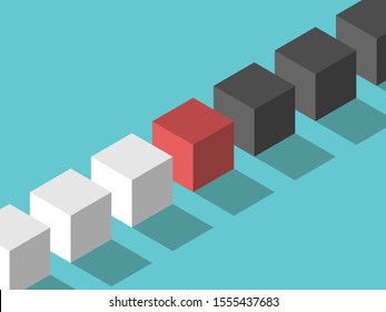 Isometric Red Mediator Cube Between White And Black Ones. Mediation, Diplomacy, Management, Negotiation And Arbitration Concept. Flat Design. 3d Illustration. Raster Copy