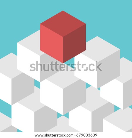 Isometric red unique leader cube on top of many white ones. Leadership, management and competition concept. Flat design