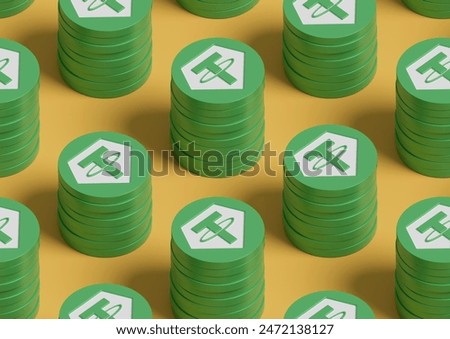Isometric seamless pattern of Tether USDT coin stacks. 3d illustration.
