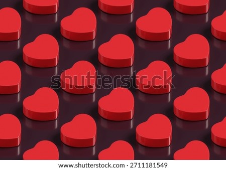 Isometric seamless pattern of three-dimensional red hearts. 3D illustration.