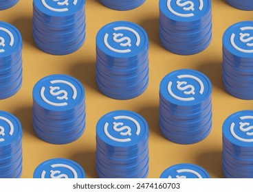 Isometric seamless pattern of USDC coin stacks. 3d illustration.