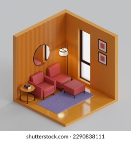 Isometric Seating Corner 3D Render Illustration. Showing two single sofa, with a standing lamp, side table, and books, in a room with glass window, and ceramic tile floor, and painted wall.