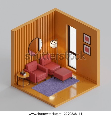 Isometric Seating Corner 3D Render Illustration. Showing two single sofa, with a standing lamp, side table, and books, in a room with glass window, and ceramic tile floor, and painted wall.