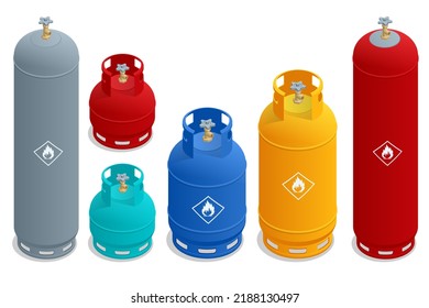 Isometric Set Of Cooking Gas Cylinders. Production, Delivery And Filling With Natural Gas Of Lpg Gas Bottle Or Tank.