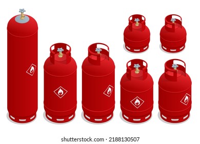 Isometric Set Of Cooking Gas Cylinders. Production, Delivery And Filling With Natural Gas Of Lpg Gas Bottle Or Tank.