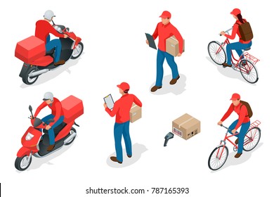 Isometric Set Of Delivery Service Or Courier Service. Delivery Workers Or Courier. Flat Illustration.