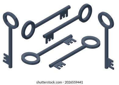 Isometric set icons of old door key isolated on white background. Classic old door key black color.