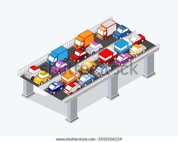 Isometric set of motor vehicles cars,\
trucks, taxis and transport urban\
infrastructure