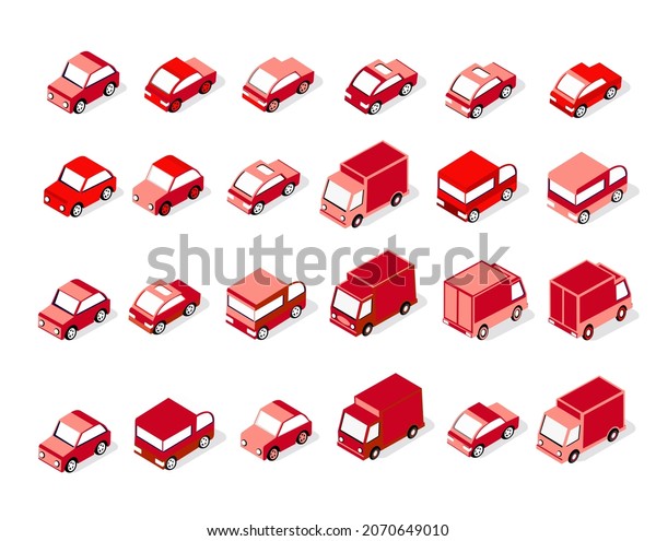Isometric set of red motor\
vehicles cars, trucks, taxis and transport urban infrastructure 3d\
illustration