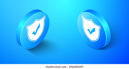 Isometric Shield With Check Mark Icon Isolated On Blue Background. Protection Symbol. Security Check Icon. Tick Mark Approved Icon. Blue Circle Button.