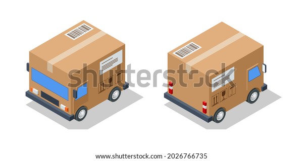 Isometric small cargo delivery van. Van with\
delivery packages, Delivery home and\
office