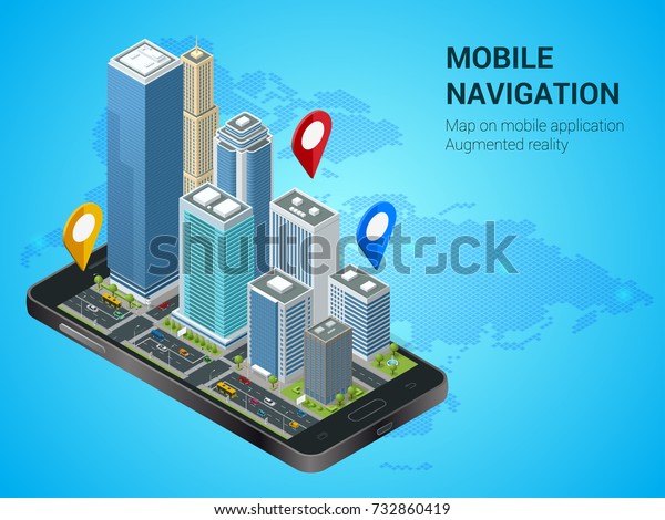Isometric Smart City or Mobile navigation\
concept. Mobile gps navigation and tracking concept. Smartphone\
with city map path and location mark on the\
screen