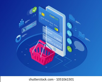 Isometric Smart Phone Online Shopping Concept. Online Store, Shopping Cart Icon. Ecommerce Illustration