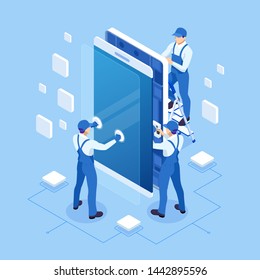 Isometric smartphone repair and service banner template. Repairing electronics. Men in the uniform of a telephone repair service - Powered by Shutterstock