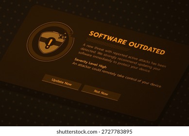 Isometric software update alert message with high severity level. Security shield icon showing system vulnerability and protection warning against cyber threats on dark dot grid background.
