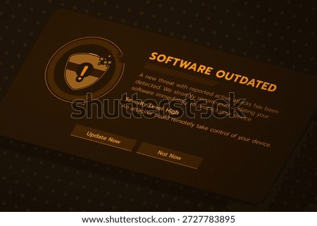 Isometric software update alert message with high severity level. Security shield icon showing system vulnerability and protection warning against cyber threats on dark dot grid background.