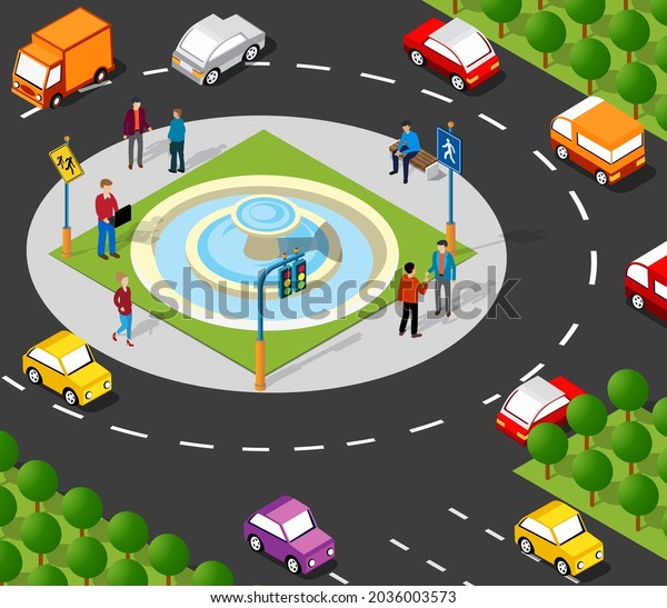 Isometric Street crossroads 3D illustration of\
the city quarter with houses, streets, people, cars. Stock\
illustration for the design and gaming\
industry.