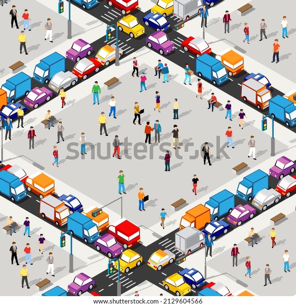 Isometric Street crossroads 3D illustration of\
the city quarter with houses, streets, people, cars. Stock\
illustration for the design and gaming\
industry.