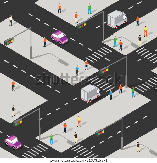 Isometric Street crossroads 3D illustration\
of the city quarter with streets, people,\
cars