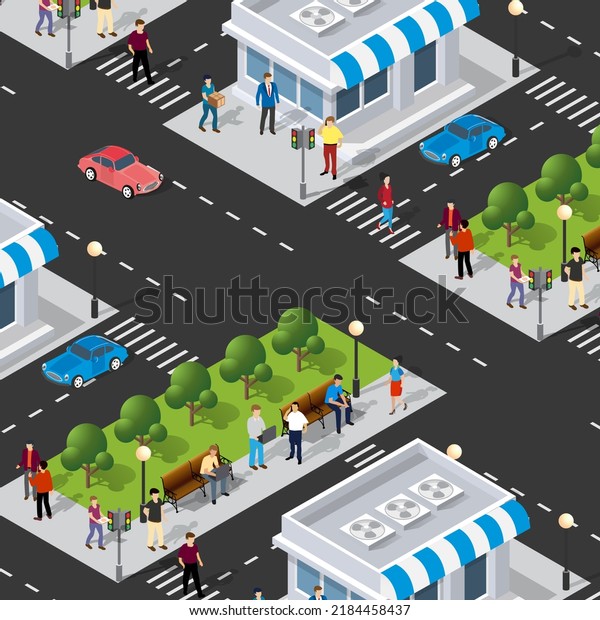 Isometric Street crossroads 3D illustration of\
the city quarter with streets, people, cars. Stock illustration for\
the design and gaming\
industry.
